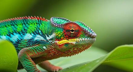 Fototapeta premium Vibrant Chameleon, A brightly colored chameleon perches gracefully on a lush green leaf, its intricate patterns and textures showcasing the beauty of the natural world.