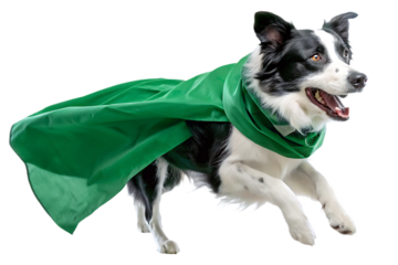 Border collie dog in green cape running isolated on a transparent background superhero