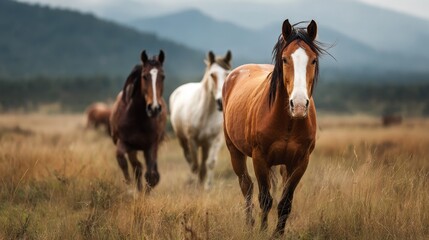 Majestic Horses Galloping Freely in a Serene Pasture Under a Vast Sky