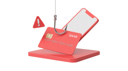 Urgent alert warning of digital fraud danger as fishing hook snags credit card near smartphone screen, emphasizing online security risks and financial vulnerability