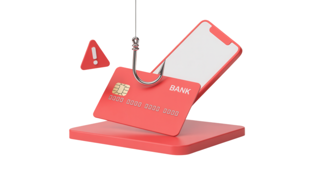 Urgent alert warning of digital fraud danger as fishing hook snags credit card near smartphone screen, emphasizing online security risks and financial vulnerability - Powered by Adobe