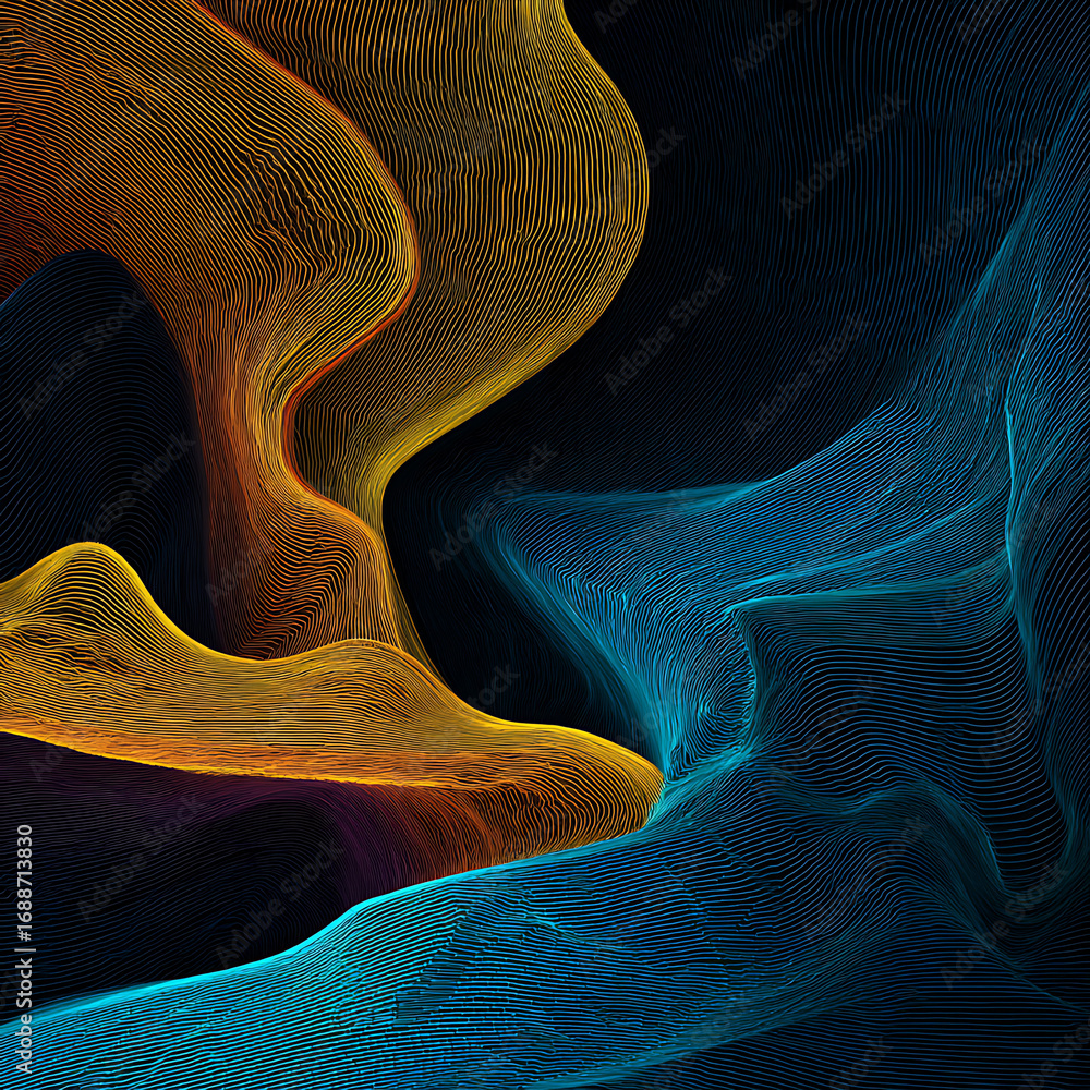 Poster dynamic abstract flowing lines in vibrant orange and blue, perfect for modern technology or design c