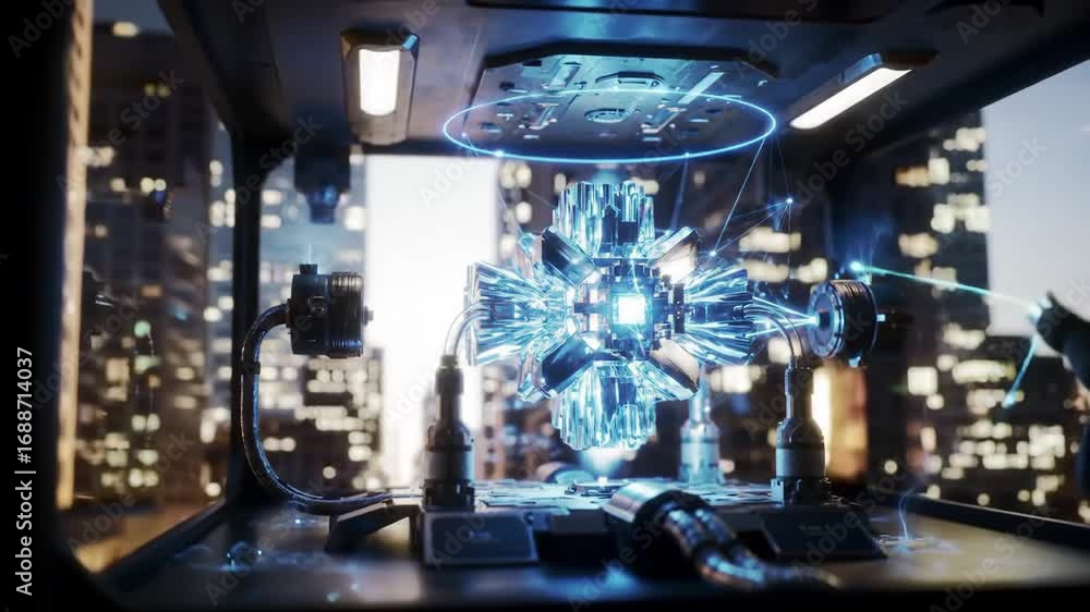 Aufkleber futuristic glowing core generating energy in a city. advanced technology, artificial intelligence, a