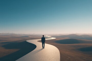 Obraz premium Pathway to Success: Businessman Navigating the Winding Journey Towards Ambitious Goals and Vision