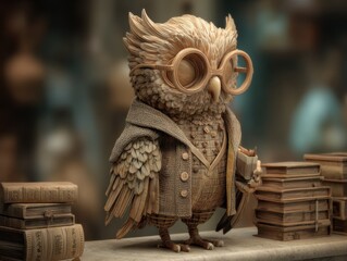 Naklejka premium Wise Owl Professor with Books in Vintage Style