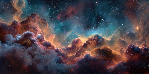 Vast cosmic nebula, swirling clouds of gas and dust, ablaze with starlight