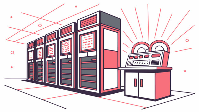 Retro computer server room with vintage mainframe computers and control panel illustration