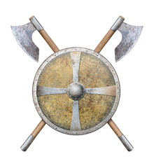two axes and rusty metal shield isolated on white