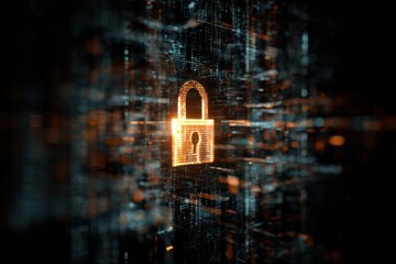 Golden padlock in a digital matrix