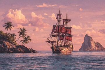 Obraz premium Classic Sailboat in Caribbean Waters Near Lush Island at Sunset