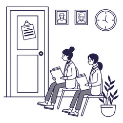 Two women in business attire wait patiently in chairs outside a closed door holding documents