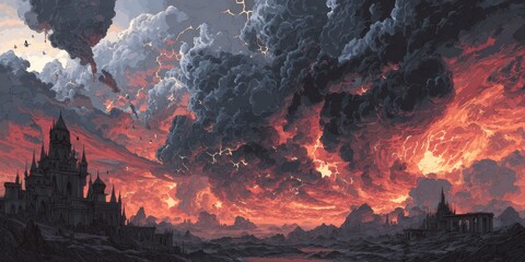 Pixelated landscape of a dark, apocalyptic sunset over a gothic castle