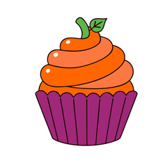 Vector illustration of a cupcake with orange cream topping and green leaf decoration, Halloween dessert
