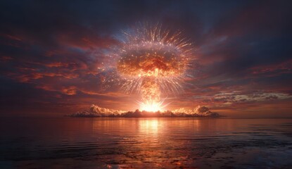 A mushroom cloud rises over a tranquil ocean at sunset.  Fiery explosion illuminates the sky