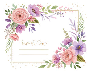 Romantic Watercolor Save the Date Card Template with Floral Frame