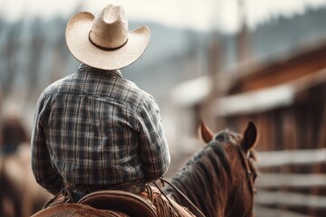 Rugged Cowboy on Horseback: A Western Lifestyle Adventure in Scenic Ranch Background