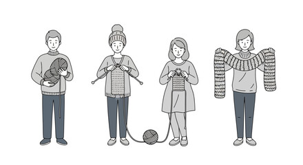 Four stages of knitting process illustration showcasing progress from yarn ball to finished scarf for crafting tutorials and hobbyist guides