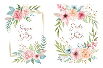 Romantic Watercolor Save the Date Card Template with Floral Frame