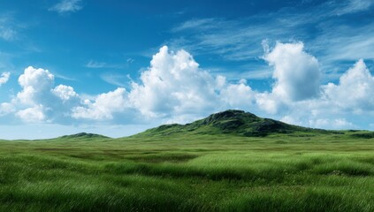 Obraz premium Panoramic view of a grassy plain stretching to a low mountain range under a vibrant blue sky dotted with fluffy white clouds