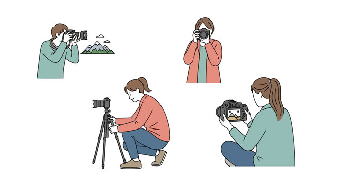 Various photographers in different poses using digital cameras for capturing landscapes and portraits, useful for photography tutorials and equipment guides - Powered by Adobe