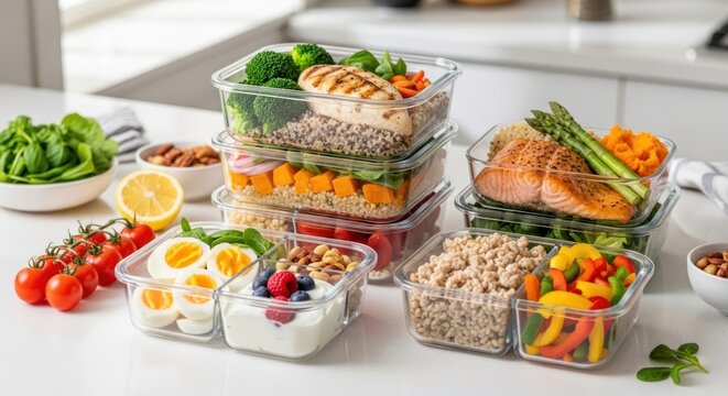 Healthy Meal Prep A Colorful Array of Nutritious Foods, Perfectly Portioned for Balanced Eating - Powered by Adobe