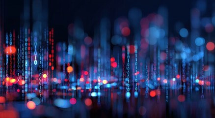 Abstract digital cityscape, blurred lights and binary code