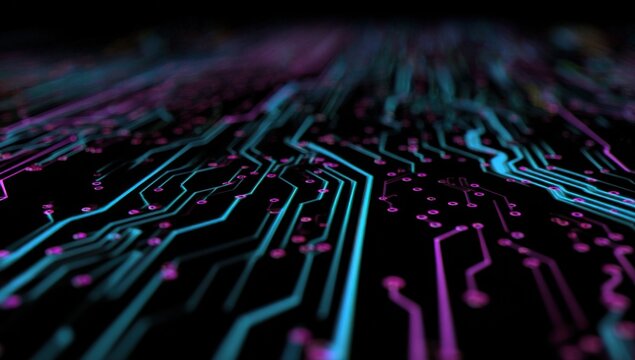Abstract circuit board pattern with vibrant neon lines and dots.  Intricate, flowing pathways of turquoise and magenta circuits against a dark background.  Depth of field emphasizes the foreground