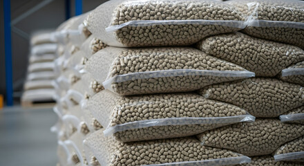 Stacks of sealed bags filled with biomass pellets in a factory setting. The environment is clean and organized, showcasing efficiency in biotechnology production.
