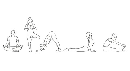 Set of yoga poses for relaxation and meditation practices, showcasing body flexibility and balance. Suitable for health and wellness content, fitness tutorials, or yoga studio promotions.