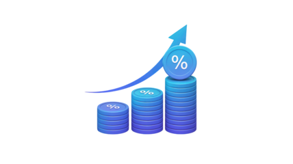 Stunning 3D illustration of increasing coin stacks with percentage symbols and an upward trending arrow signifying financial growth and profitable investments