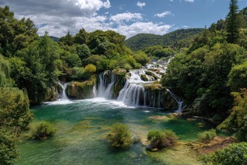 Obraz premium Lush waterfalls cascade into a tranquil emerald pool, surrounded by dense greenery and hills