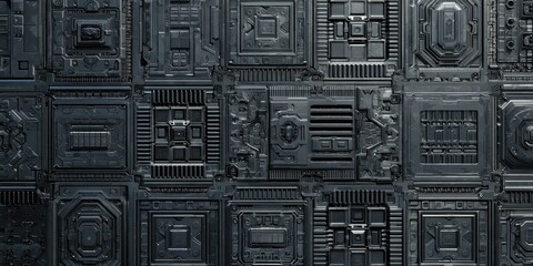 Abstract digital circuit panel. Dark, geometric, repeating panels form a wall of intricate technology.  Complex interconnections and detailed texture fill the image