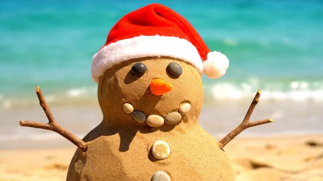 Sandman Wearing Santa Hat on Sunny Beach During Daytime Holiday Season