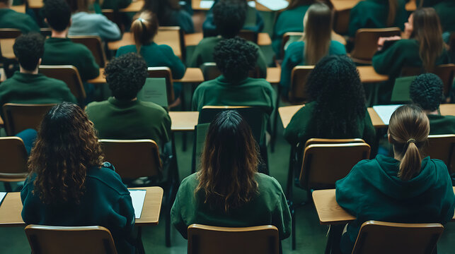 Students in Uniform Sitting at Desks in a Classroom