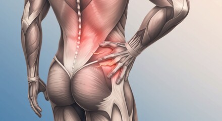 Detailed anatomical illustration of a human lower back experiencing intense pain with highlighted muscles and spinal nerves radiating discomfort
