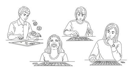 Line Art Depiction of People Playing Board Games, Emphasizing Focus and Engagement for Illustrative Purposes in Educational Materials and Leisure Activity Designs