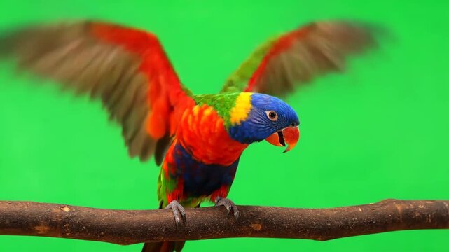 Vibrant Rainbow Lorikeet parrot on branch with green screen background spreading wings.