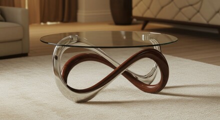 Modern glass top coffee table with unique infinity loop base