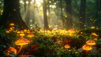Obraz premium A candid snapshot of glowing mushrooms scattered in a shaded grove, their soft radiance lighting the forest floor.