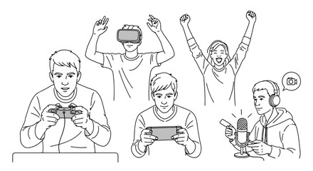Line art illustration showcasing various gamers engaged in different gaming activities for esports, streaming, and virtual reality concepts.
