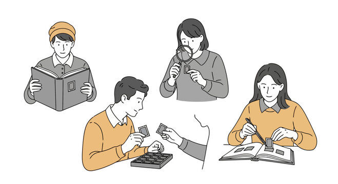 Illustration depicting people engaged in stamp collecting as a relaxing hobby and leisure activity, suitable for illustrating hobbies and crafting or collectors communities.