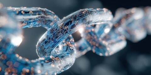 A chain link, rendered in a translucent blue, appears to be constructed from interwoven digital circuits.  Intricate details and a bokeh effect create a sense of depth and complexity