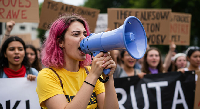 Empowered Woman Leading a Protest with Megaphone