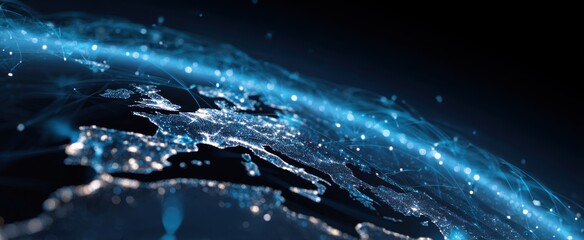 Global network, Europe-centered. Abstract digital representation of the European continent with glowing, interconnected points, suggesting a global network or digital connection