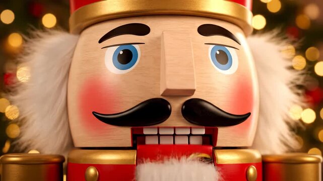 Close up of a Traditional Nutcracker Soldier Toy During the Holiday Season Near a Glowing Christmas Tree