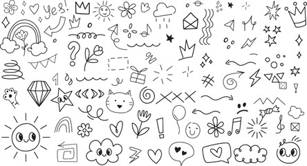 Naklejka premium Doodle Art Icons with Playful Elements, Whimsical Design, Black and White, Fun, Creative, Minimalist, Quirky, Expressive, Illustrated, Charming, Unique, Joyful, Simple, Lighthearted, Delightful, Dynam