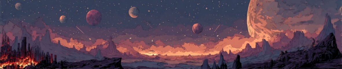 Alien landscape with fiery city and planets