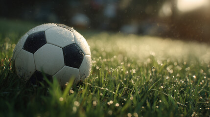 Fototapeta premium Close-up of a soccer ball on grass illuminated by morning sunlight, dew on the field, cinematic lighting