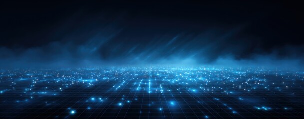 A dark, futuristic cityscape bathed in ethereal blue light, with glowing points and grid lines across a misty plane