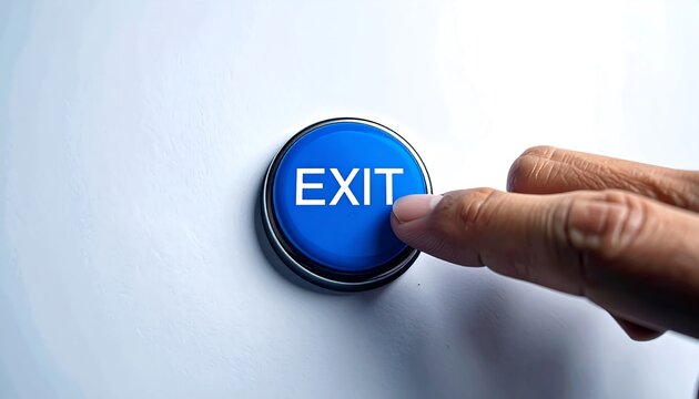 A hand presses a blue exit button